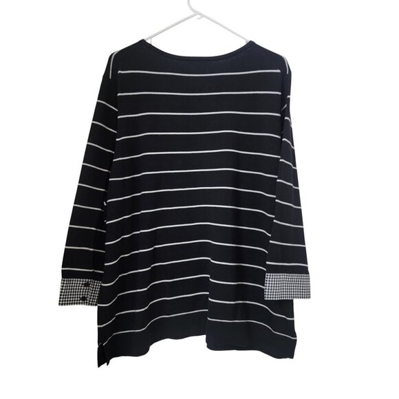 Talbots Size 2X Black w/White Stripe & Contrasting Gingham Plaid Cuff Sweater - Picture 3 of 9